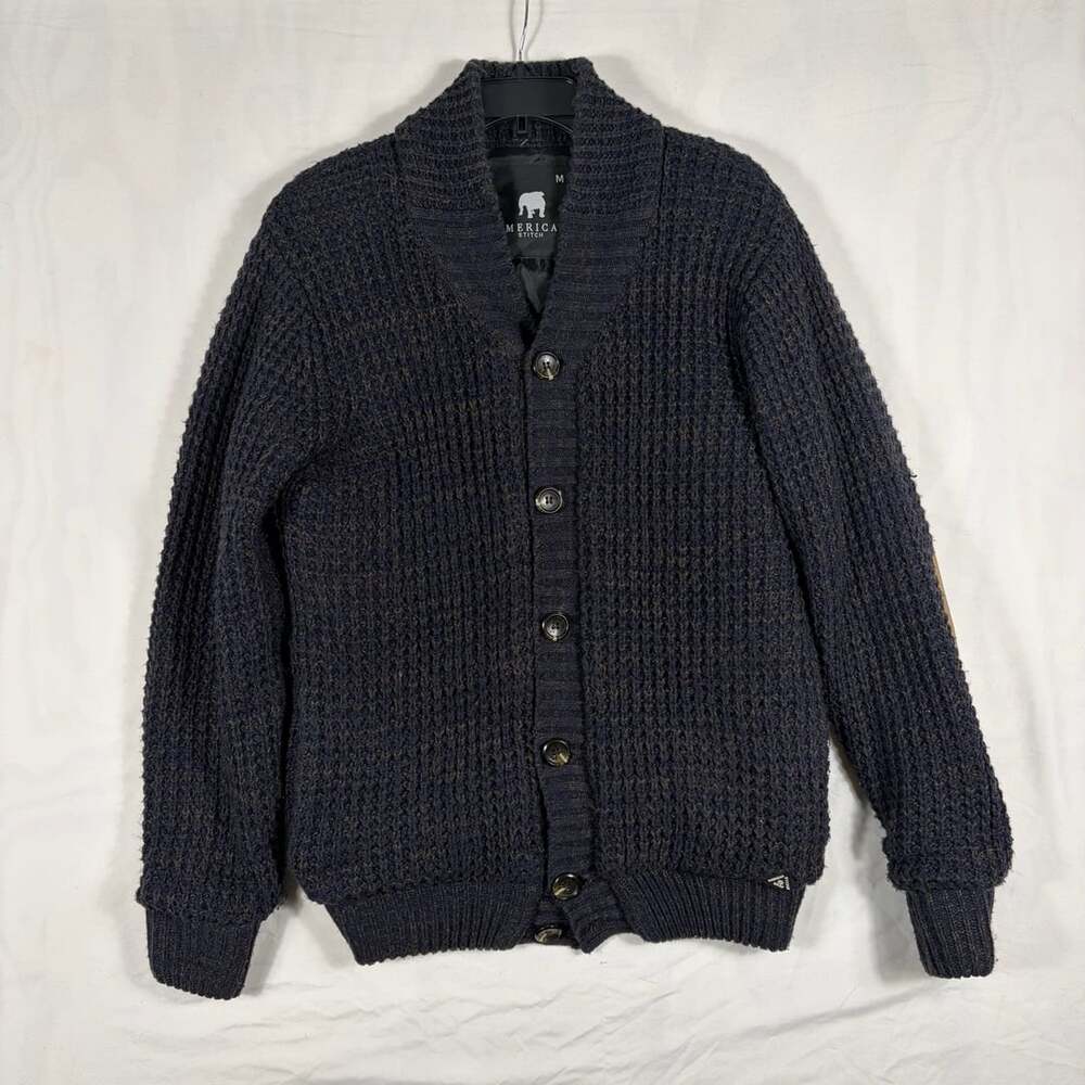 American Stitch Cardigan Size M Blue Waffle Shawl Collar Elbow Patches